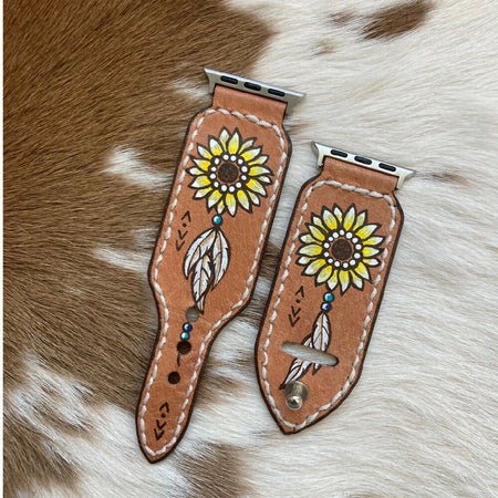 Leather Apple Watch Band - wide cuff style with sunflowers