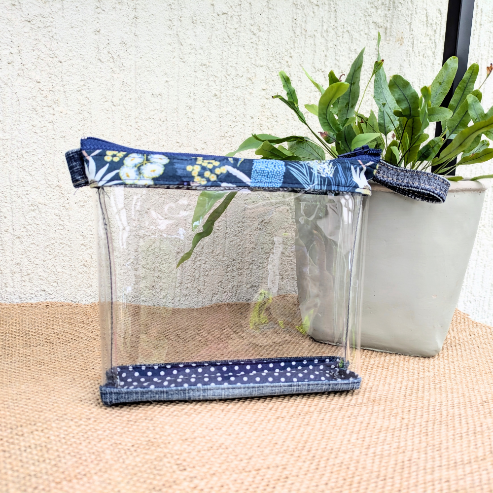 Clear Pouch Organizer with Upcycled Denim Flannel Flowers