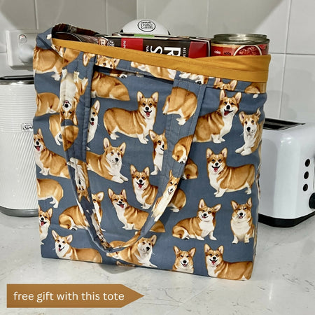 Grocery Tote ... Lined with storage pouch ...Corgi