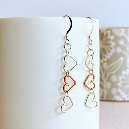 Chain of Hearts silver and copper dangle earrings