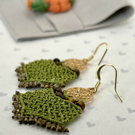 Green Lace Micro Macrame Earrings - Tiger eyes +Free microfibre pouch