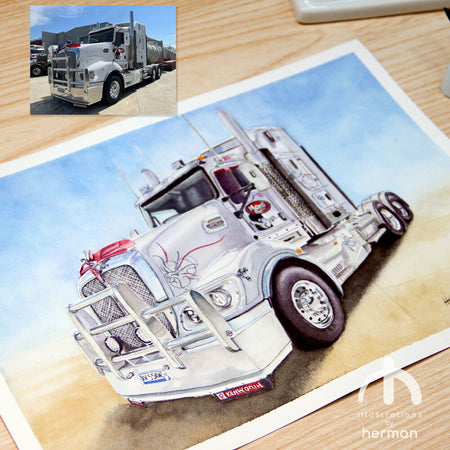 Custom Portrait | Watercolour | Trucks | 30x21 or 26x18 cm | FRAMED