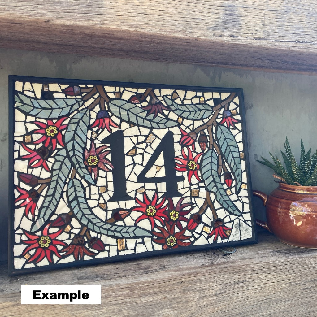 Personalised Mosaic House Number - Upcycled Crockery - Flowering Gums