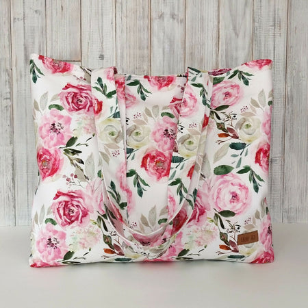 Watercolour Roses - Large handmade floral tote bag - Pockets, magnetic closure
