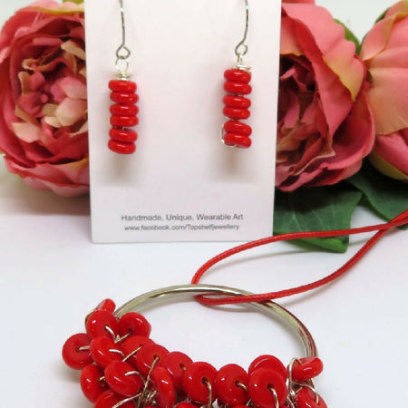 Red Wire Wrapped Large Pendant Earring Set