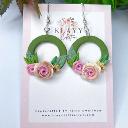 Olive Green Round Floral Dangles