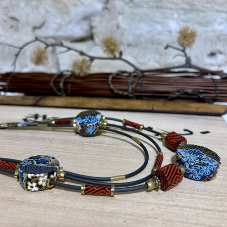 Blue Red & Gold Japanese Paper Necklace