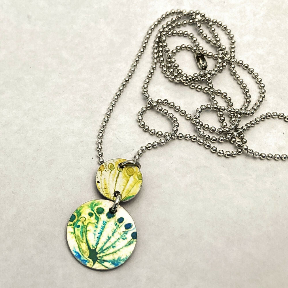 Printed anodised aluminium green floral pendant