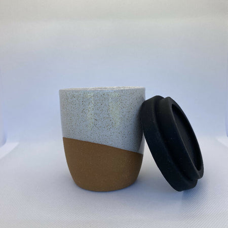 White Speckled Travel Mug Hand Crafted With Silicone Lid 250ml