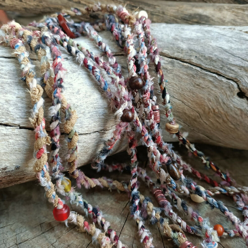 Extra Long Boho Necklace - upcycled fabric & beads - earthy