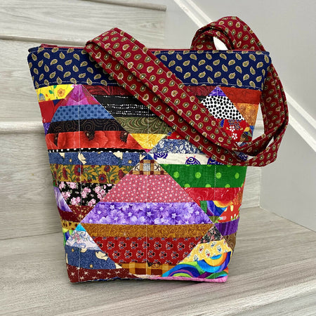 Diamond strip patchwork tote bag