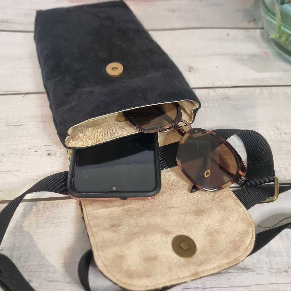 Upcycled mobile phone crossbody - suede & leopard print