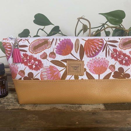 Essential Oil Purse - Orange & Pink Australian Native Flowers/MustardFaux Leather Base