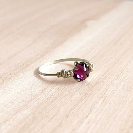 Amethyst crystal sterling silver wire ring