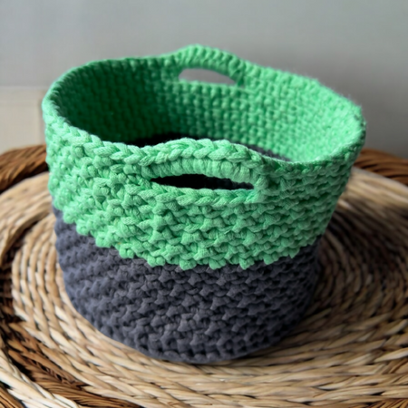 Handmade | Home Decor | Crochet Basket with handles | Mint & Gray