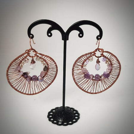 bit of bling, wire woven earrings with mauve beads