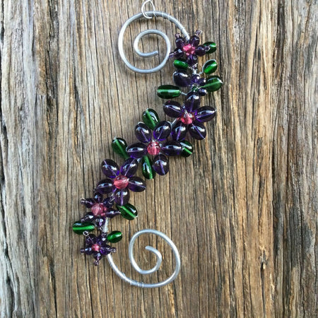 Flower-Cluster/Window/Wall-Decor/Purple-Wire-Wrapped/Glass-Beads