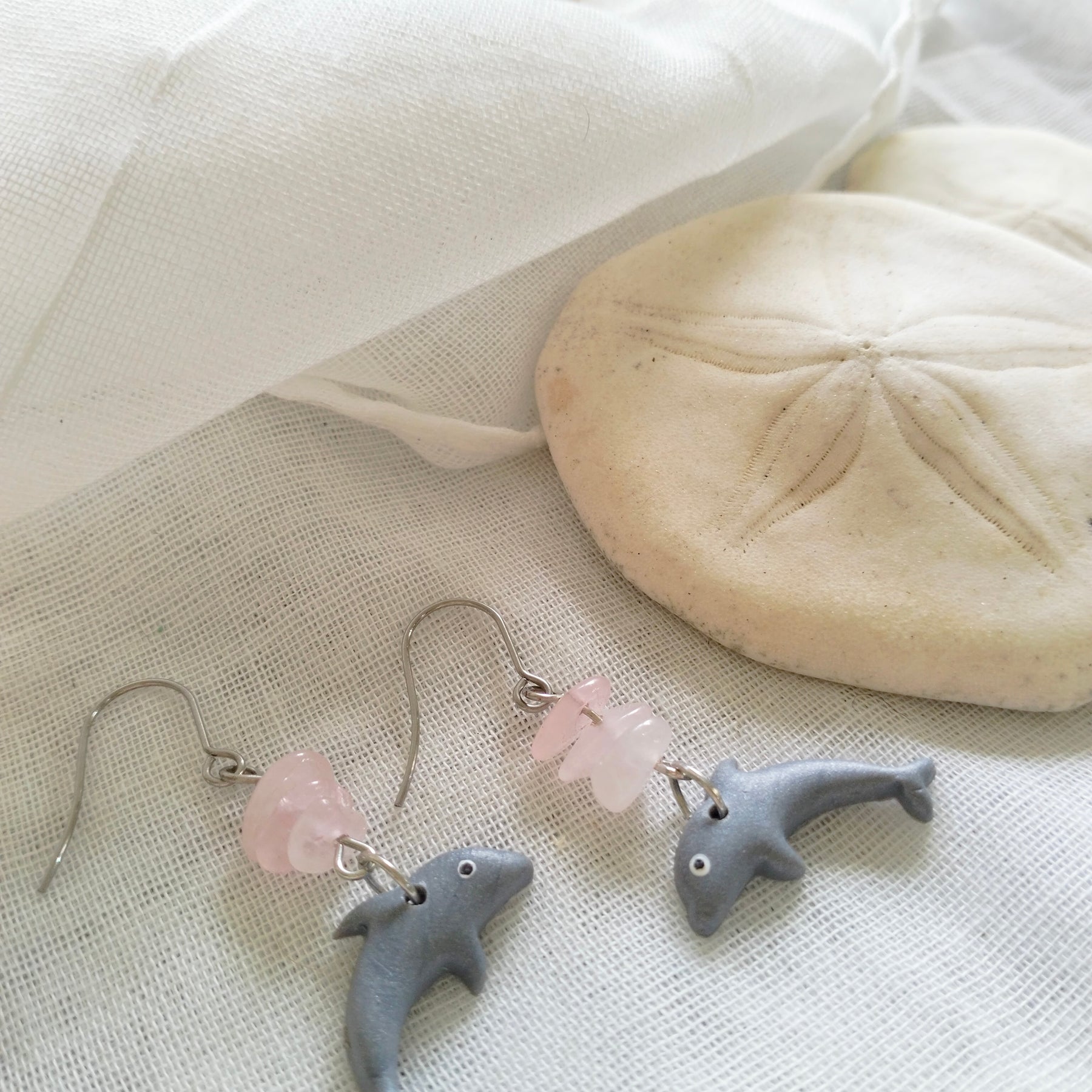 Dolphin Earrings - "Dolphin-ately Delightful" - Polymer clay and rose quartz