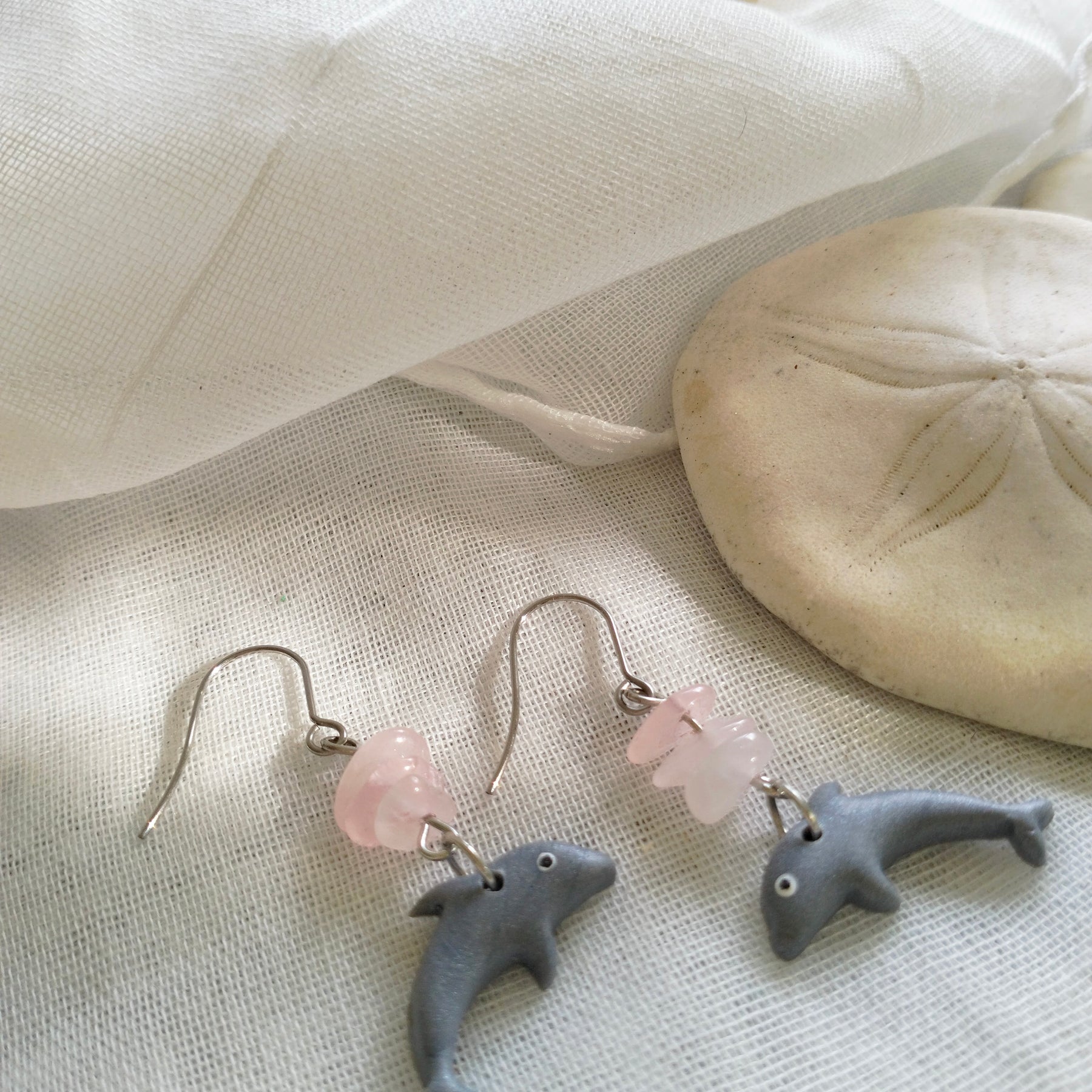 Dolphin Earrings - "Dolphin-ately Delightful" - Polymer clay and rose quartz
