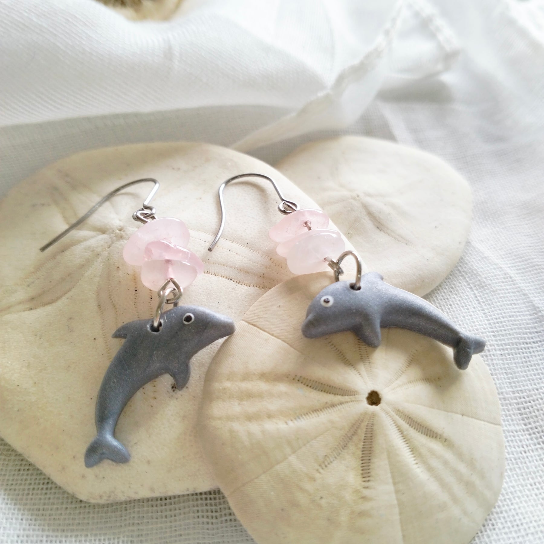 Dolphin Earrings - "Dolphin-ately Delightful" - Polymer clay and rose quartz