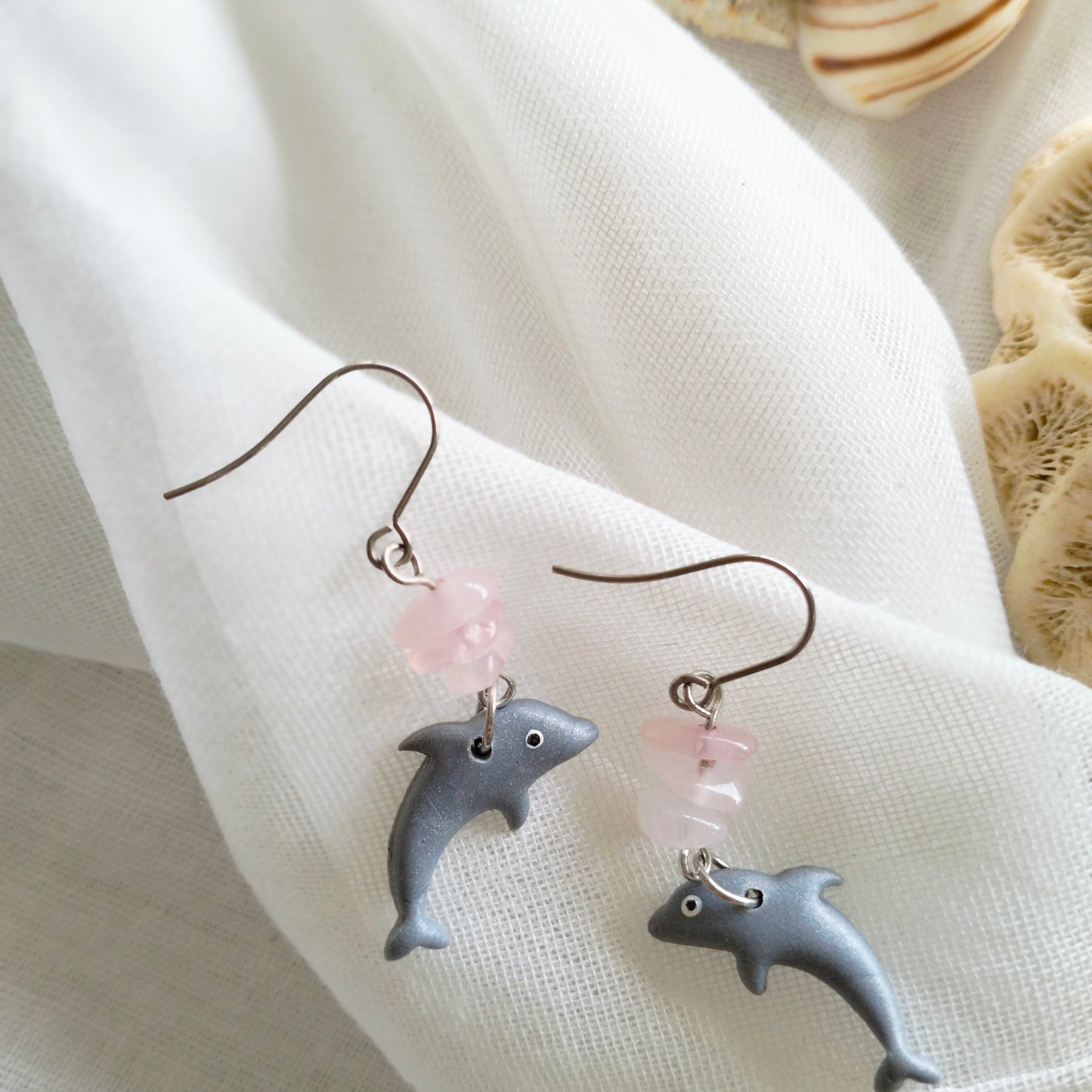 Dolphin Earrings - "Dolphin-ately Delightful" - Polymer clay and rose quartz