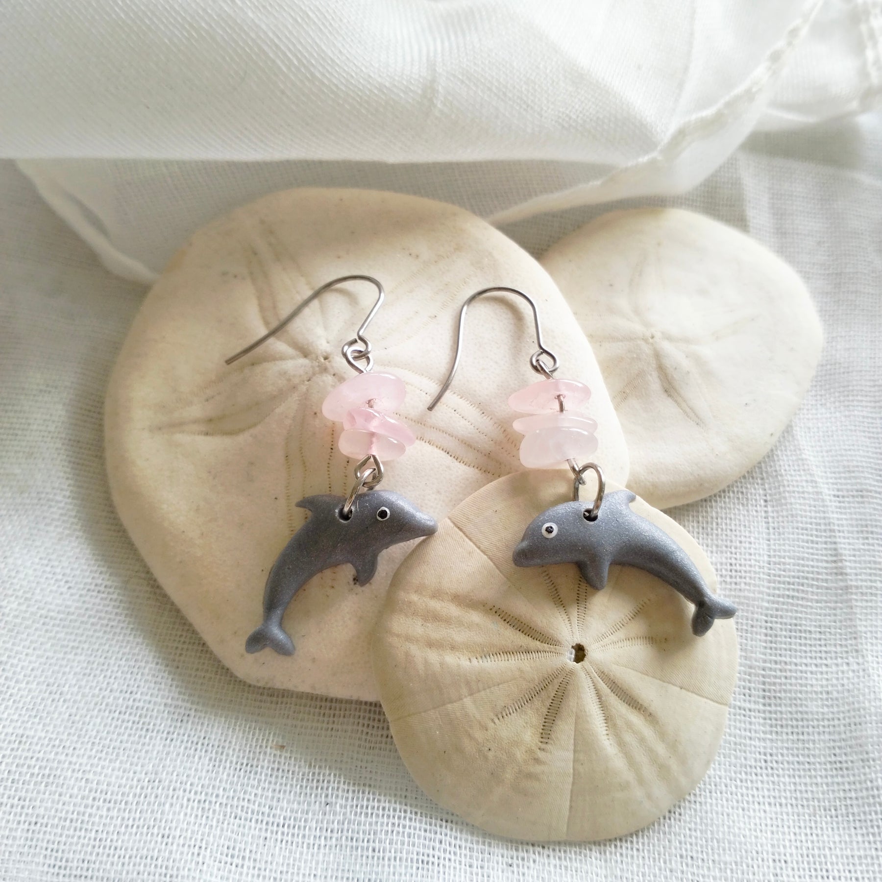 Dolphin Earrings - "Dolphin-ately Delightful" - Polymer clay and rose quartz