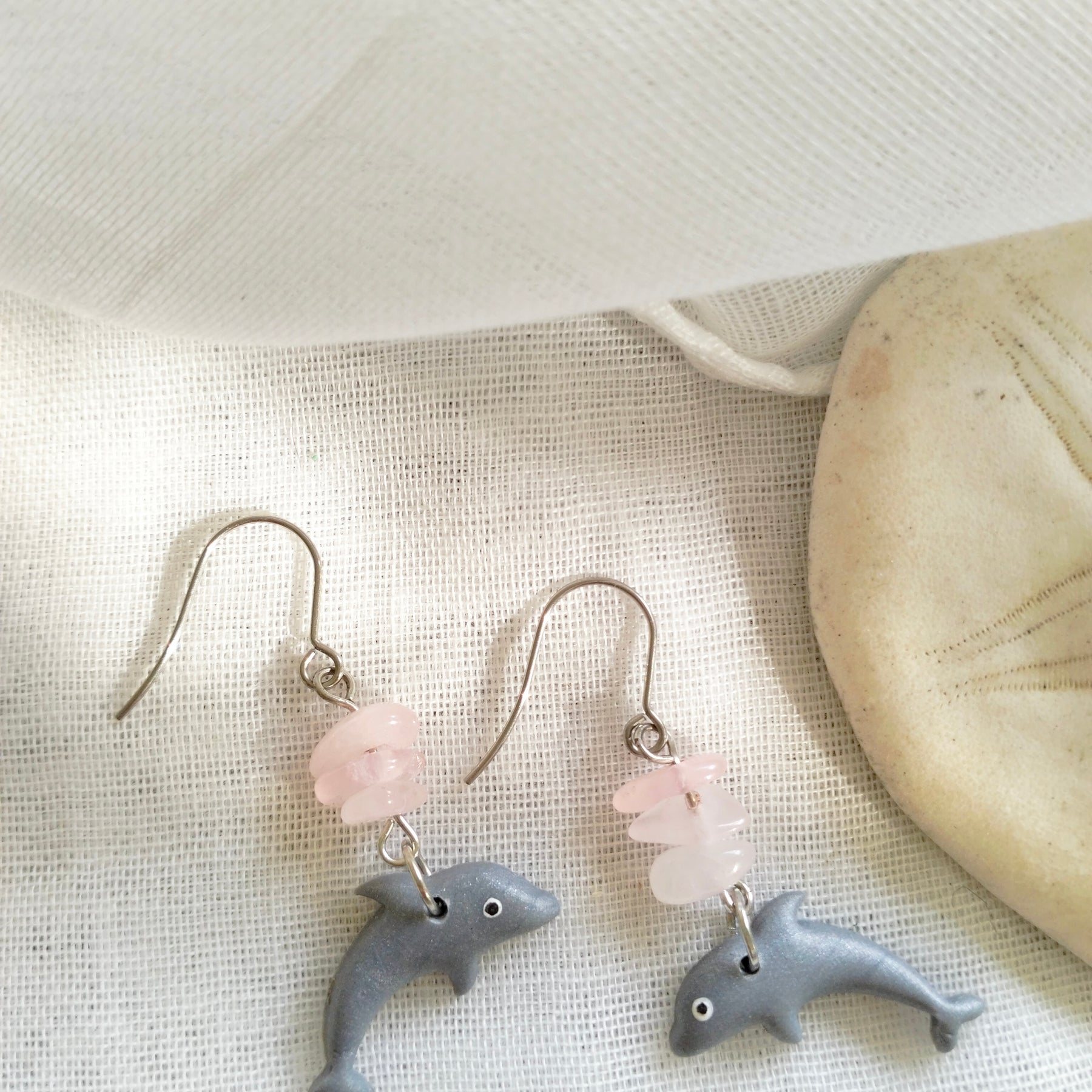 Dolphin Earrings - "Dolphin-ately Delightful" - Polymer clay and rose quartz