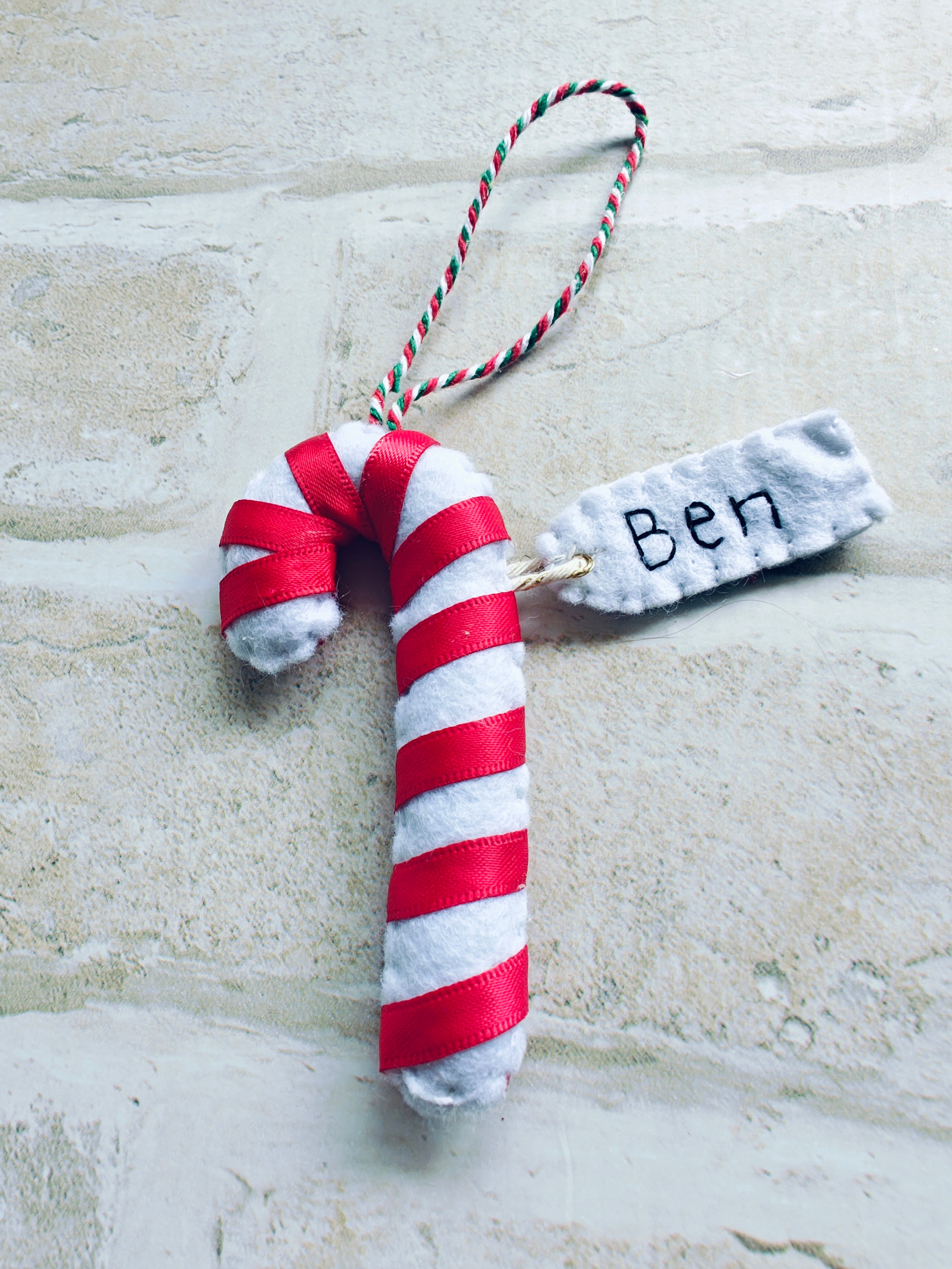 Personalised felt candy cane christmas tree ornament