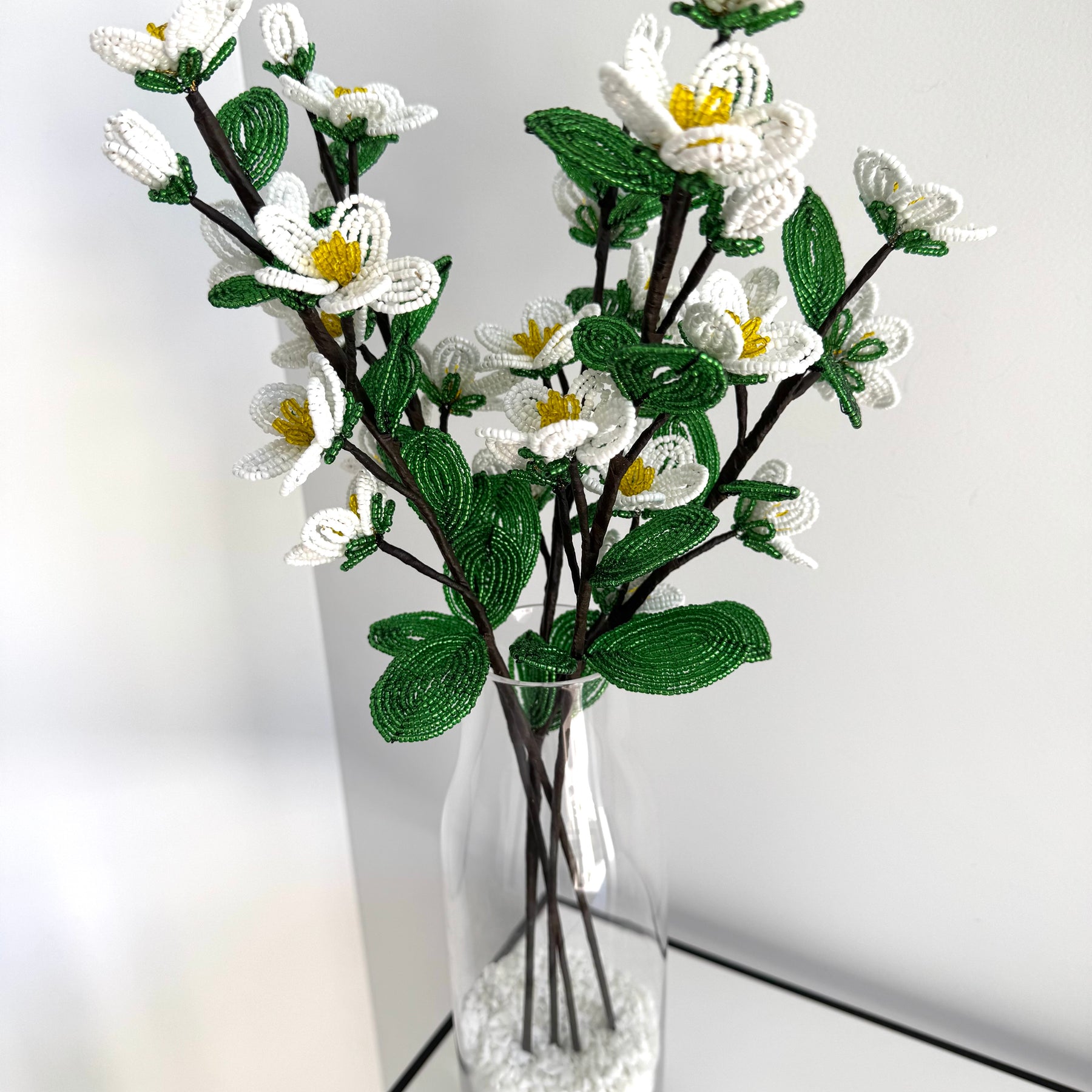 French-beaded White Apple Blossoms flowers