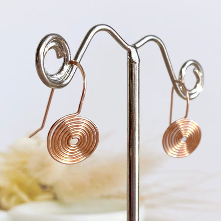Spiral disc drop earrings | Sterling silver, gold-filled, rose-gold-filled, copper | Celtic-inspired jewellery
