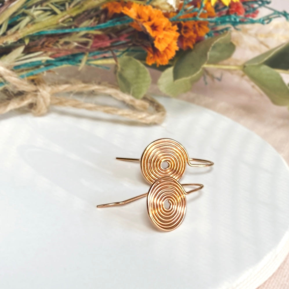 Spiral disc drop earrings | Sterling silver, gold-filled, rose-gold-filled, copper | Celtic-inspired jewellery
