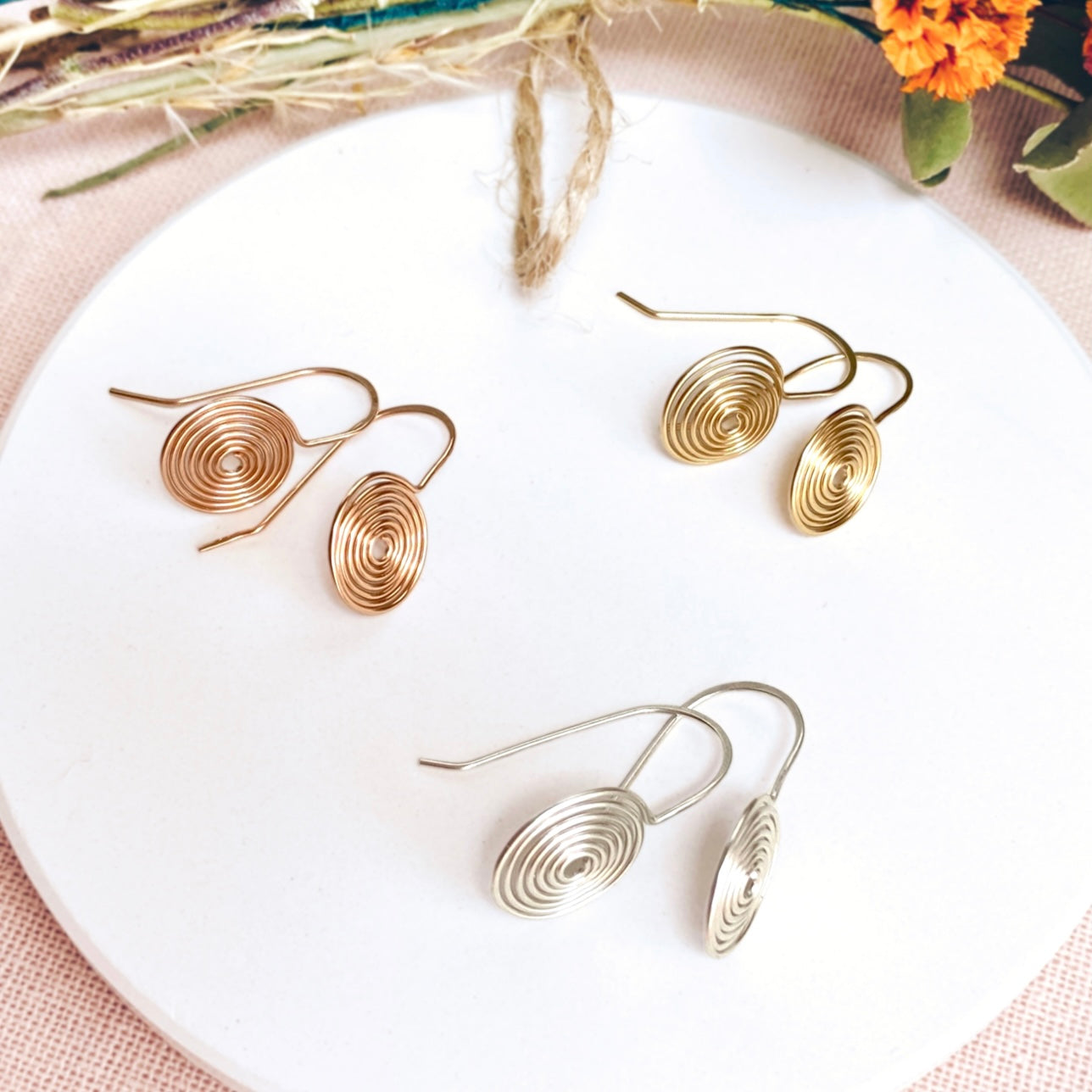 Spiral disc drop earrings | Sterling silver, gold-filled, rose-gold-filled, copper | Celtic-inspired jewellery