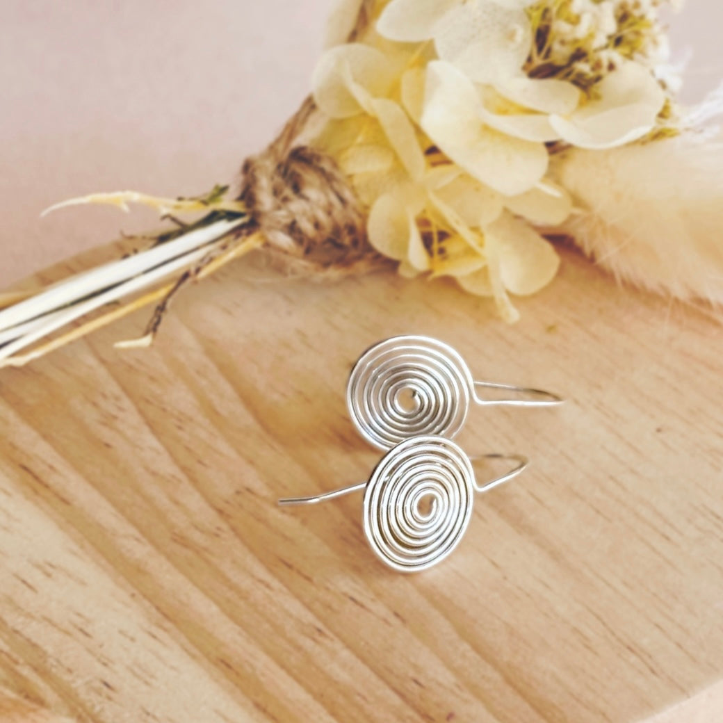 Spiral disc drop earrings | Sterling silver, gold-filled, rose-gold-filled, copper | Celtic-inspired jewellery