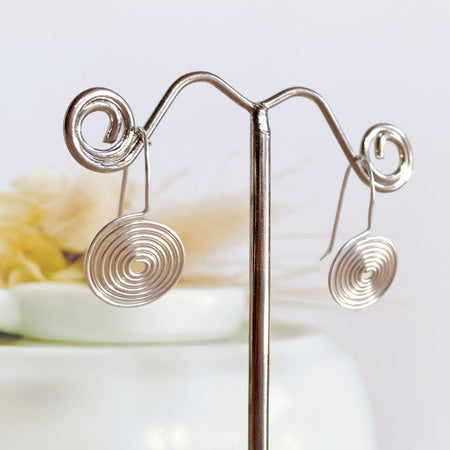 Spiral disc drop earrings | Sterling silver, gold-filled, rose-gold-filled, copper | Celtic-inspired jewellery