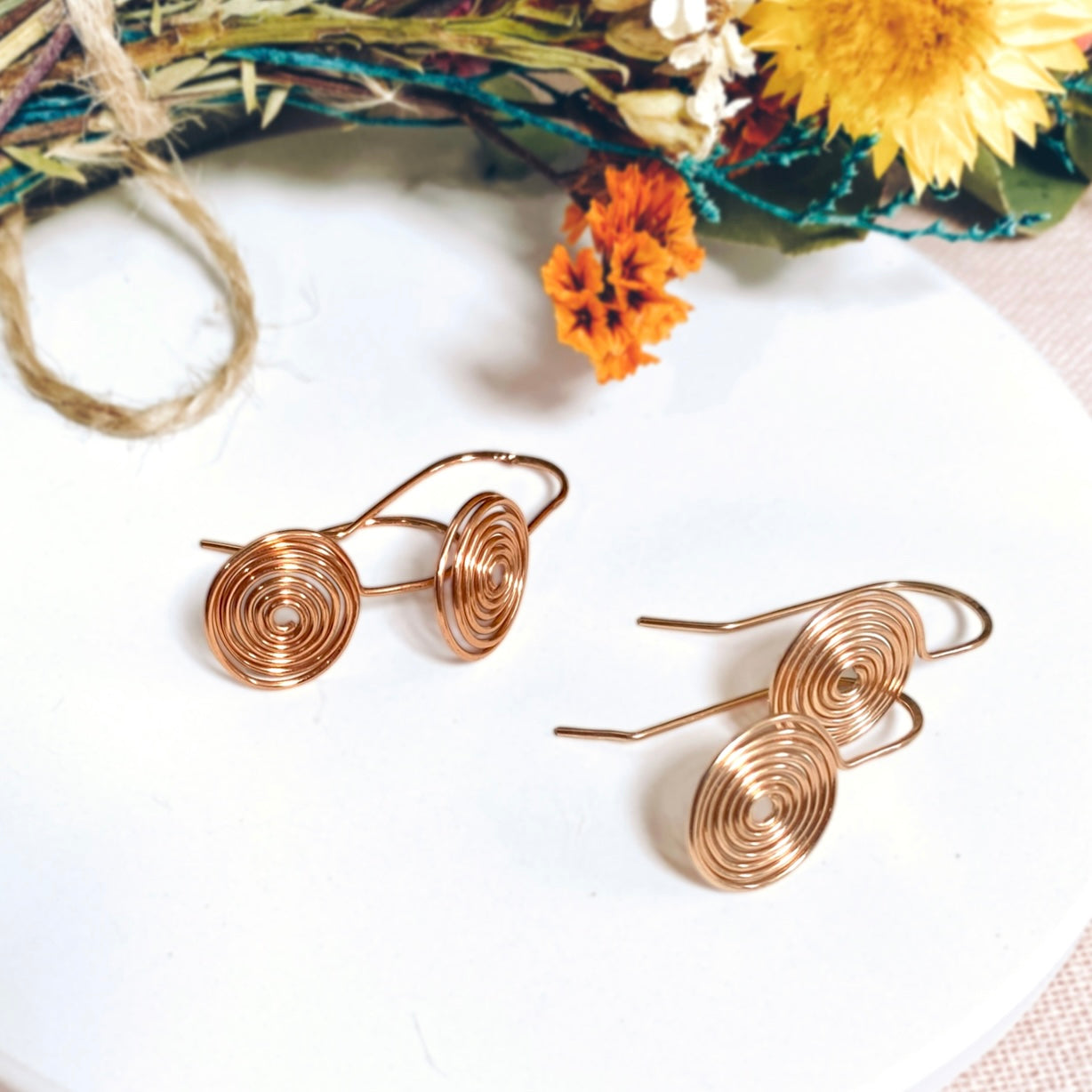 Spiral disc drop earrings | Sterling silver, gold-filled, rose-gold-filled, copper | Celtic-inspired jewellery