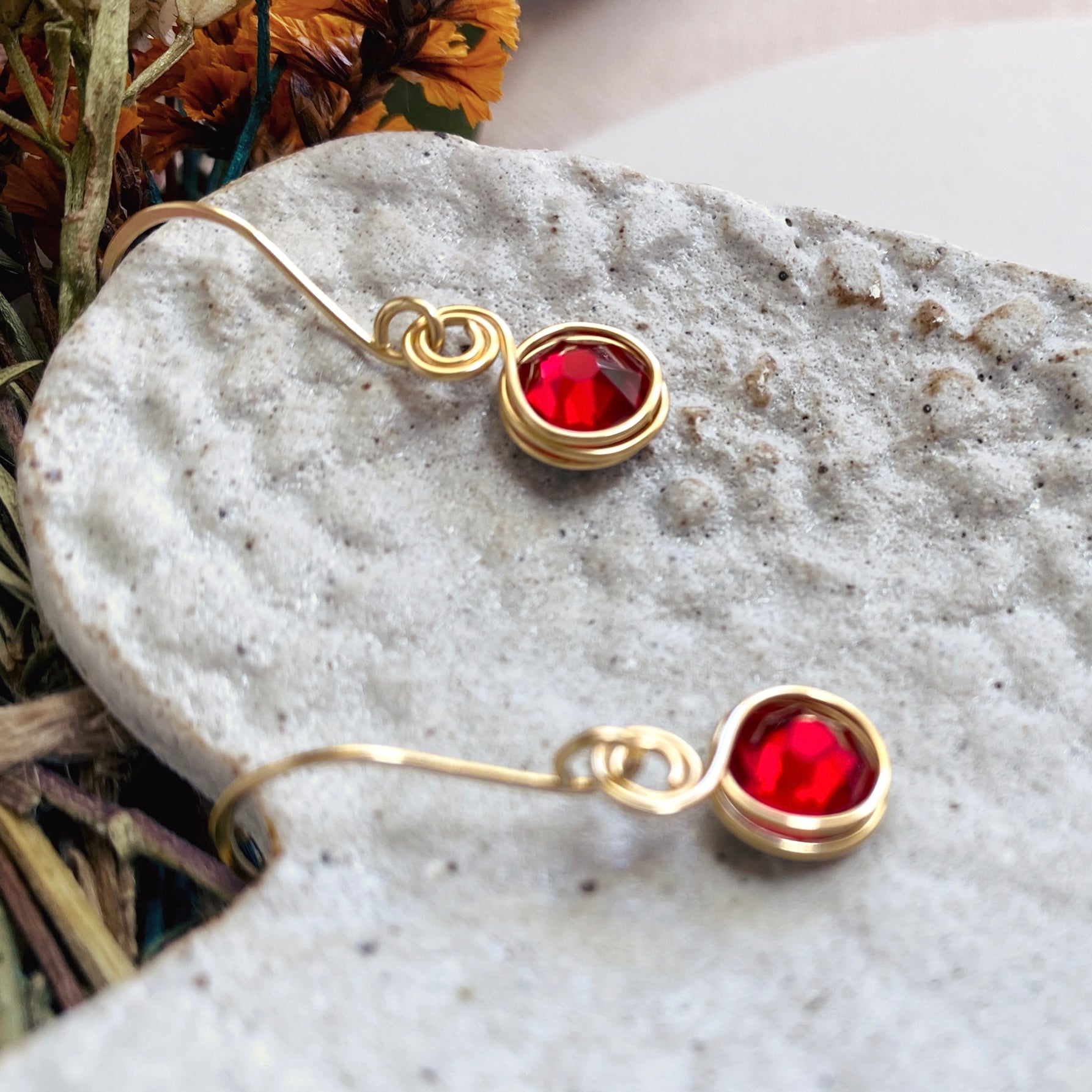 Ruby red crystal 14k gold-filled dangle earrings | July birthstone gift | Christmas jewellery