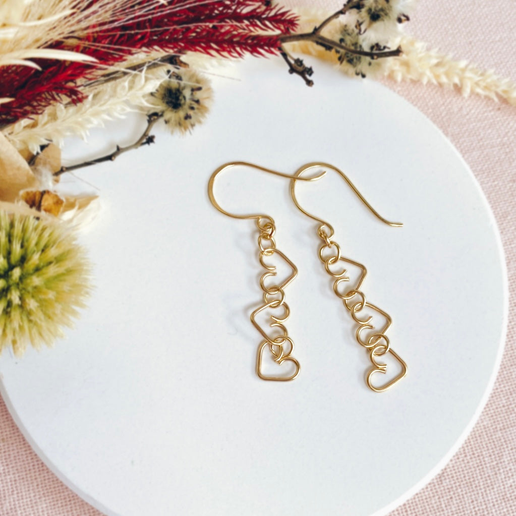 Chain of Hearts gold dangle earrings | 14k gold-filled | Gift for loved one