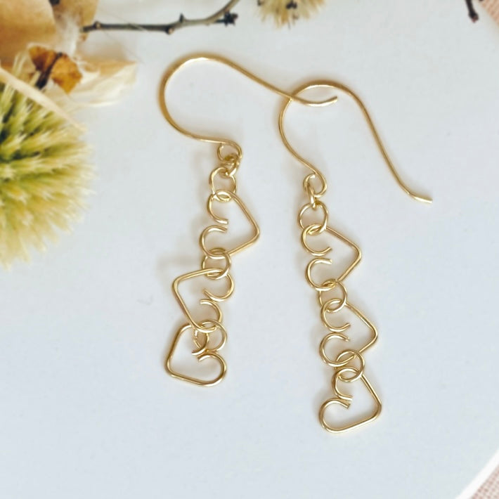 Chain of Hearts gold dangle earrings | 14k gold-filled | Gift for loved one