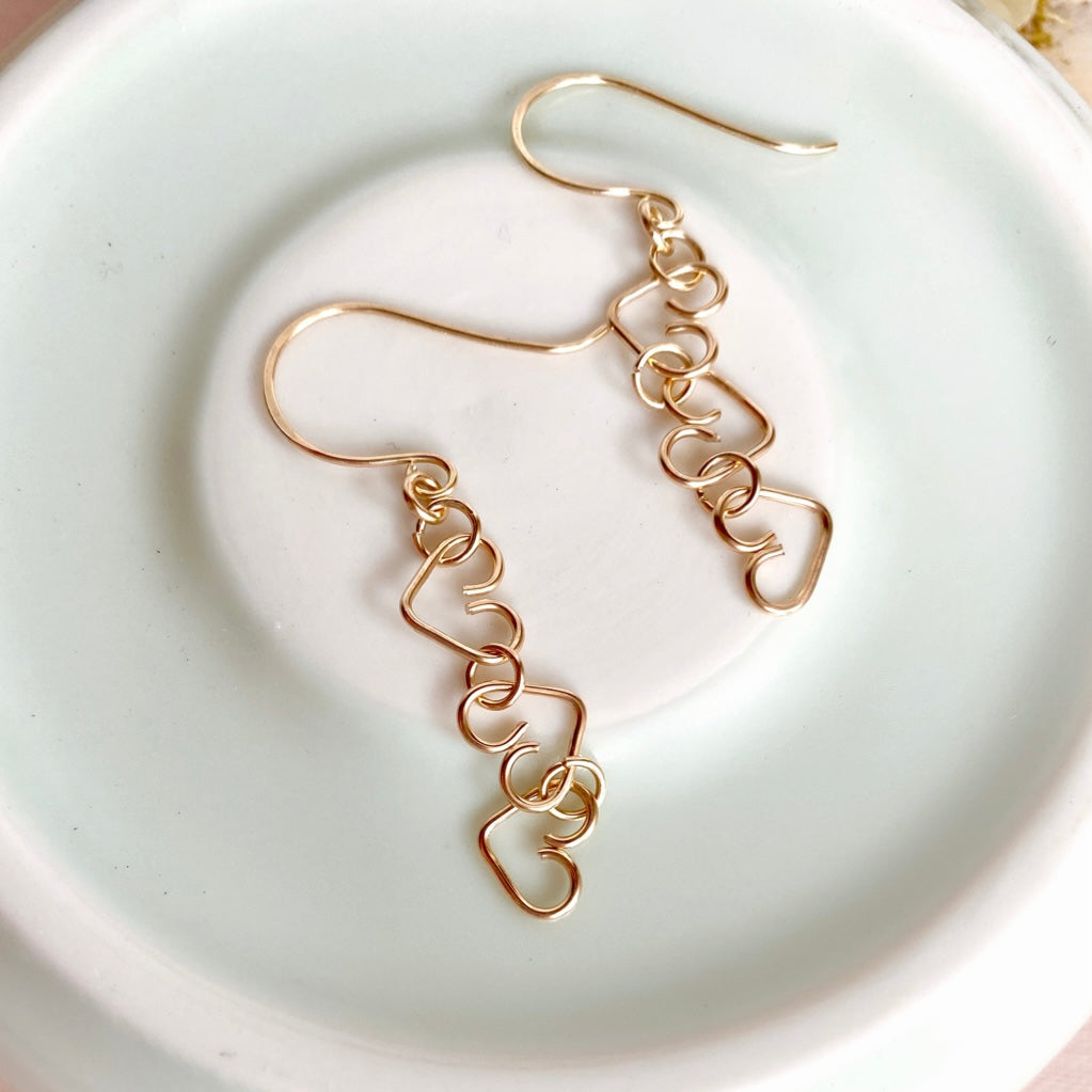 Chain of Hearts gold dangle earrings | 14k gold-filled | Gift for loved one