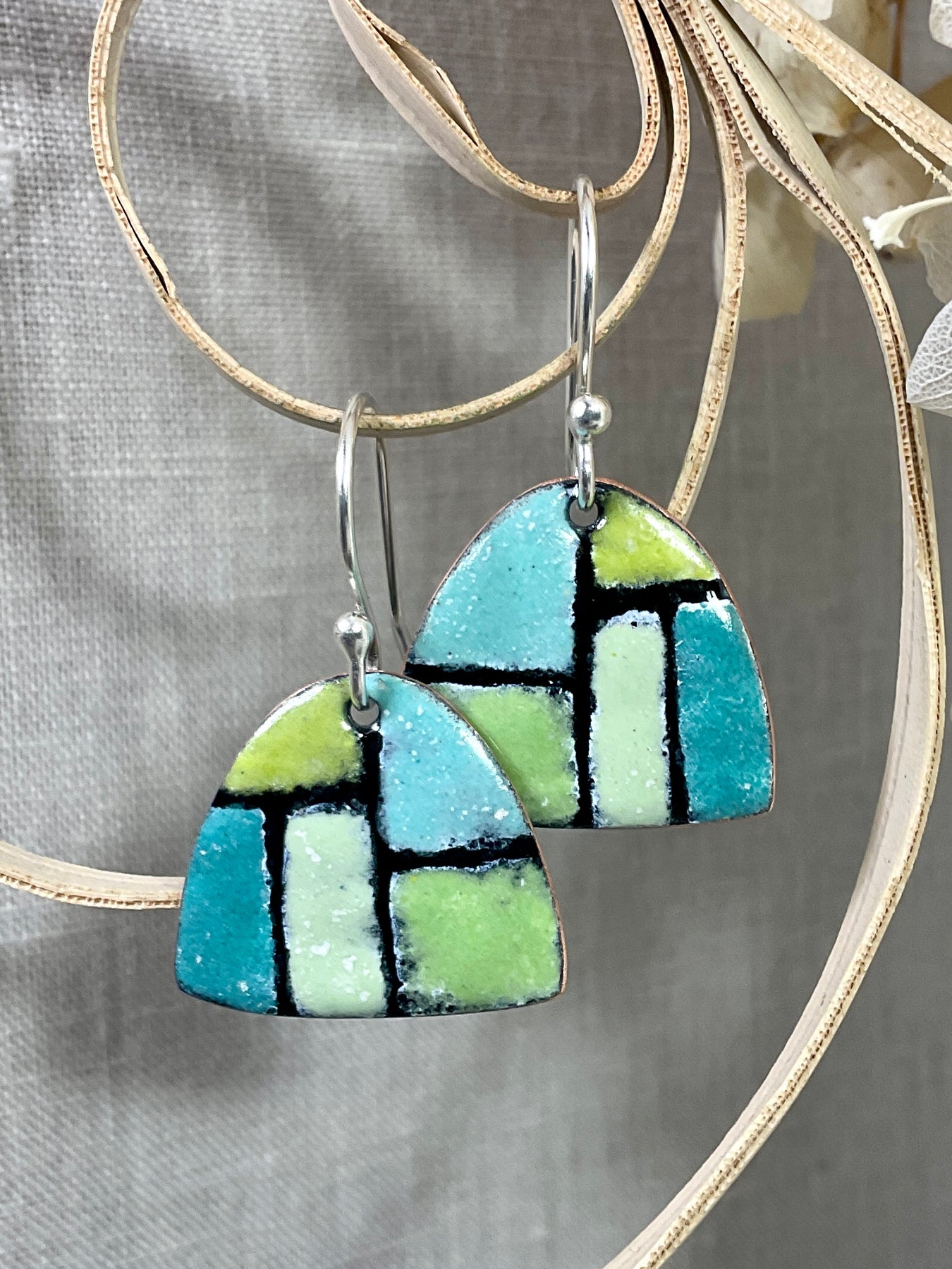 Retro Greens. Handmade enamel earrings
