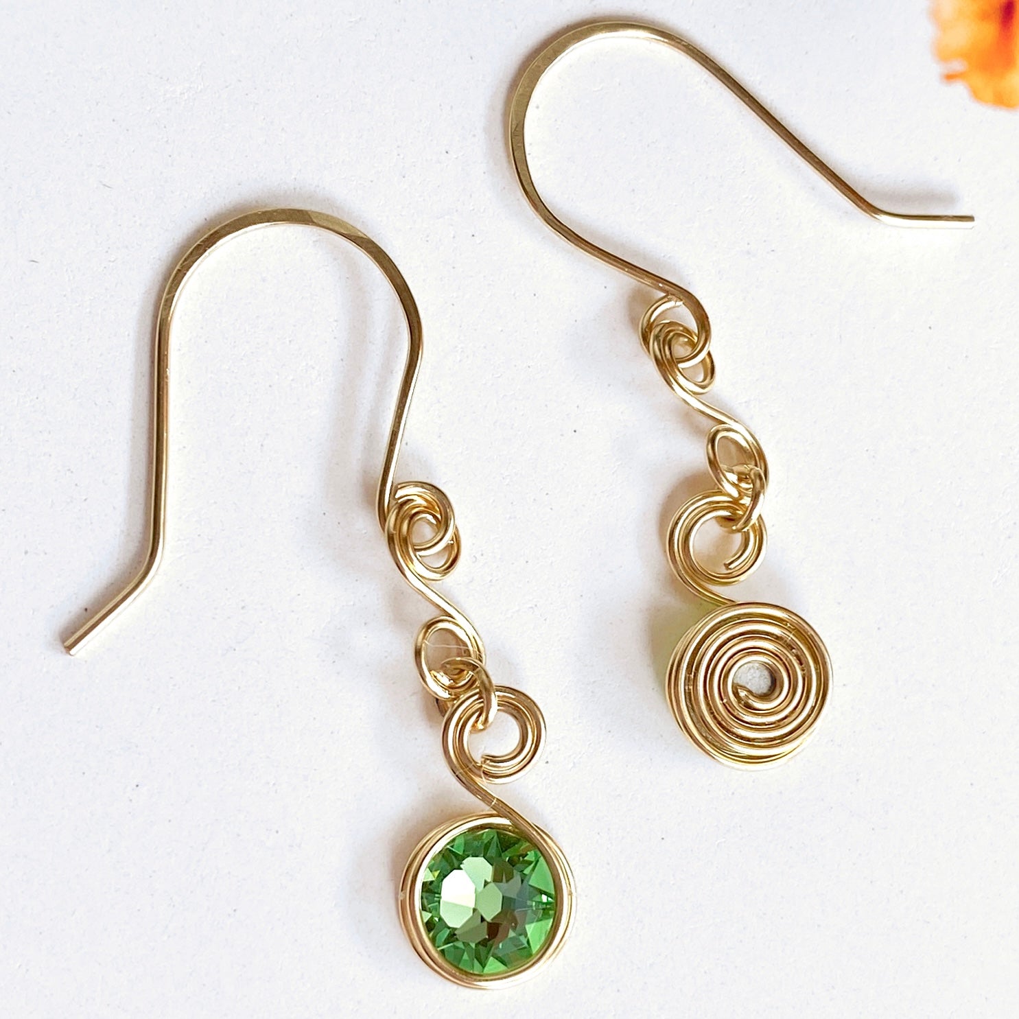 Peridot green crystal dangle earrings | 14k gold-filled | August birthstone gift