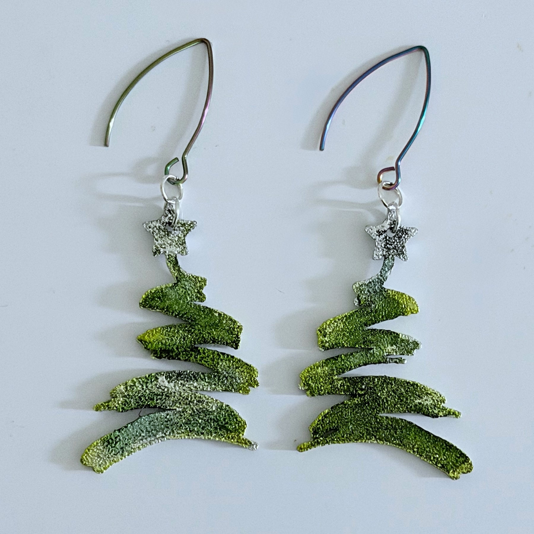 Green, Gold & Silver Christmas Tree Earrings | Hand-Painted Holiday Design