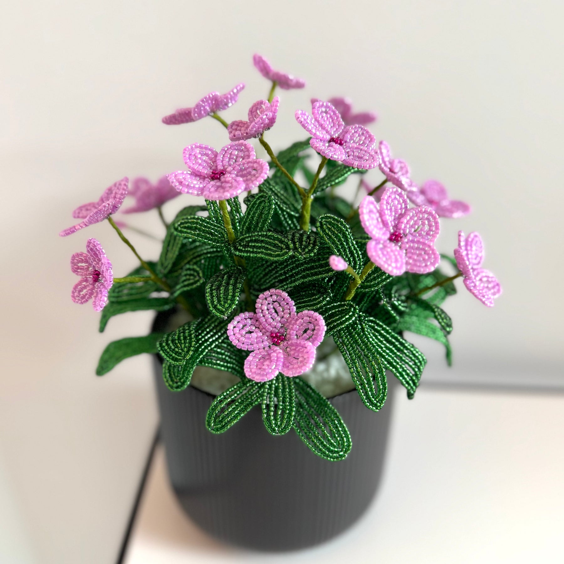 French-beaded potted pink Vinca flowers