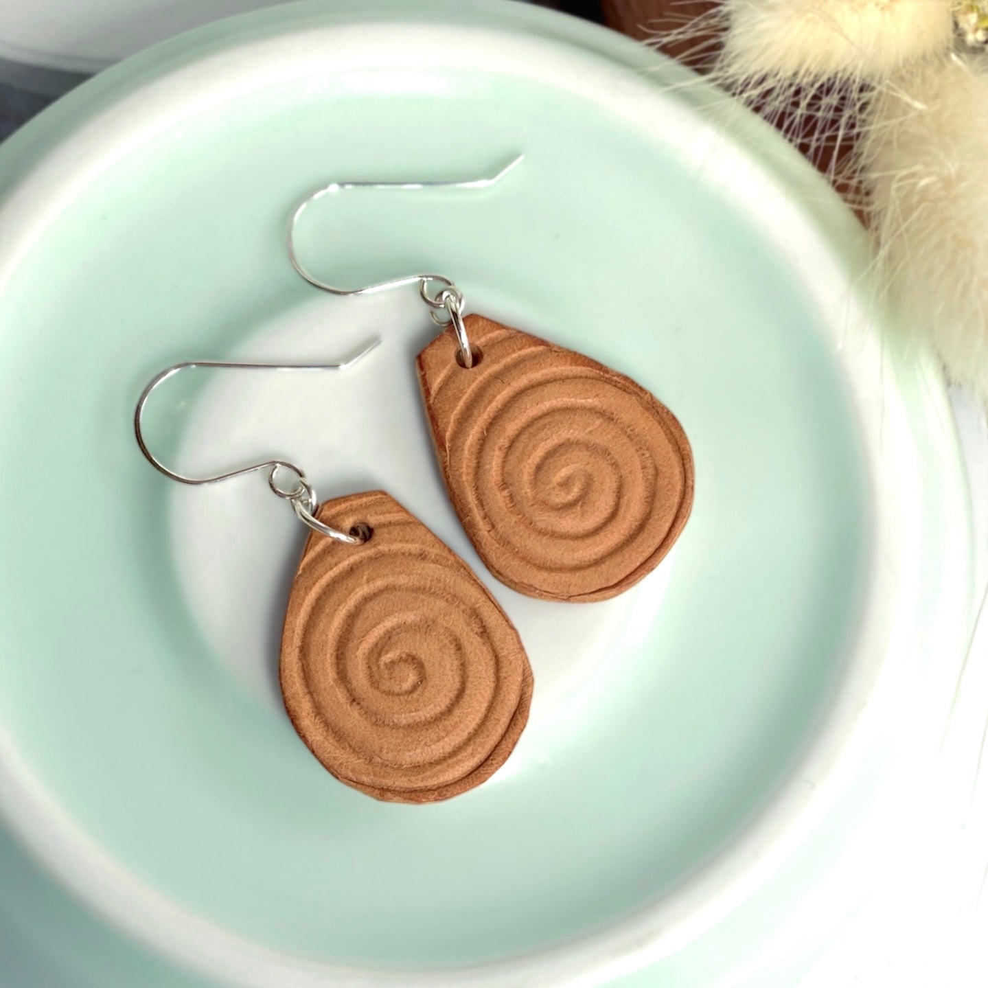 Spiral engraved tan leather | Dangle earrings | Celtic-inspired jewellery