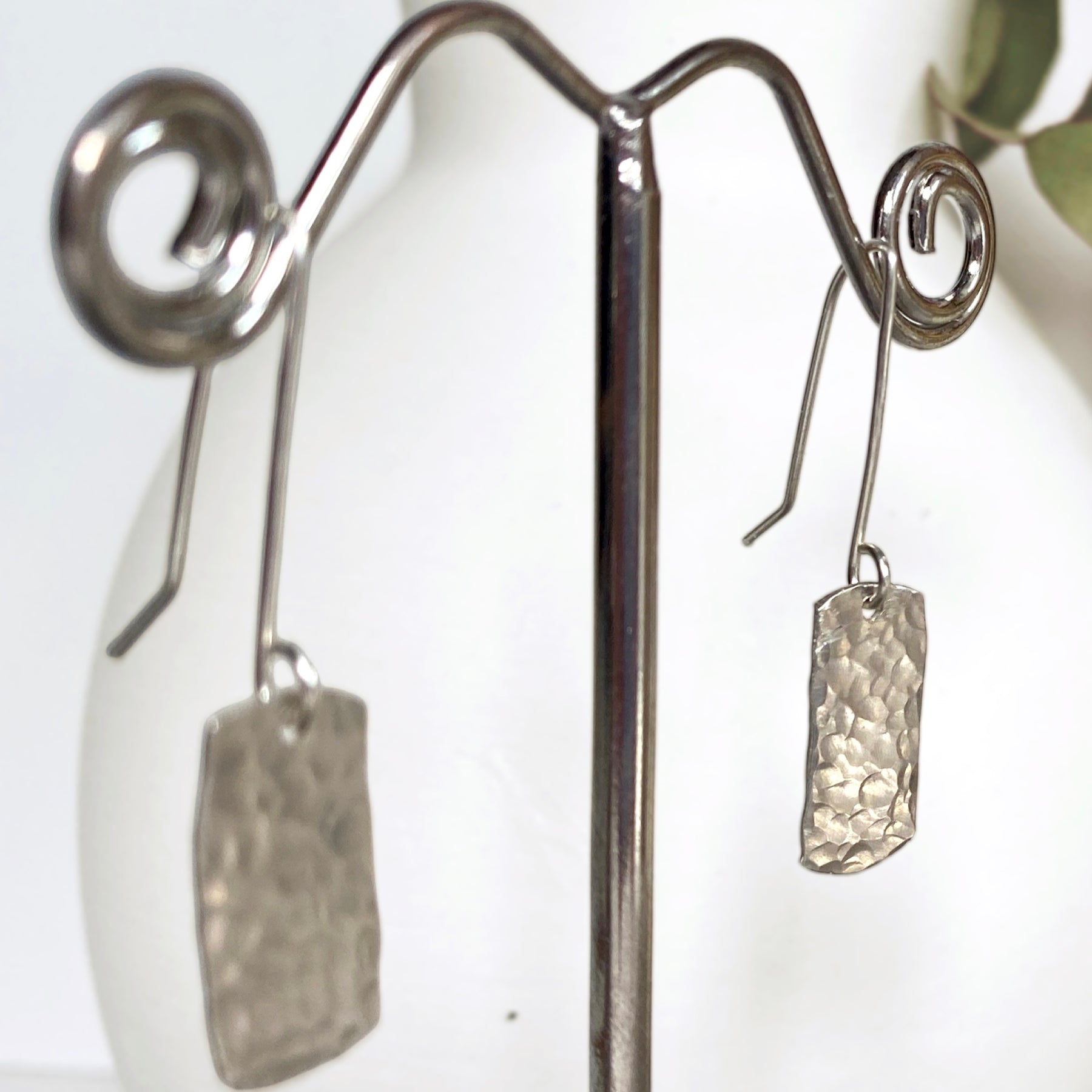 Dimpled rectangle dangle earrings | Sterling silver | Rain-drops | Matching necklace available