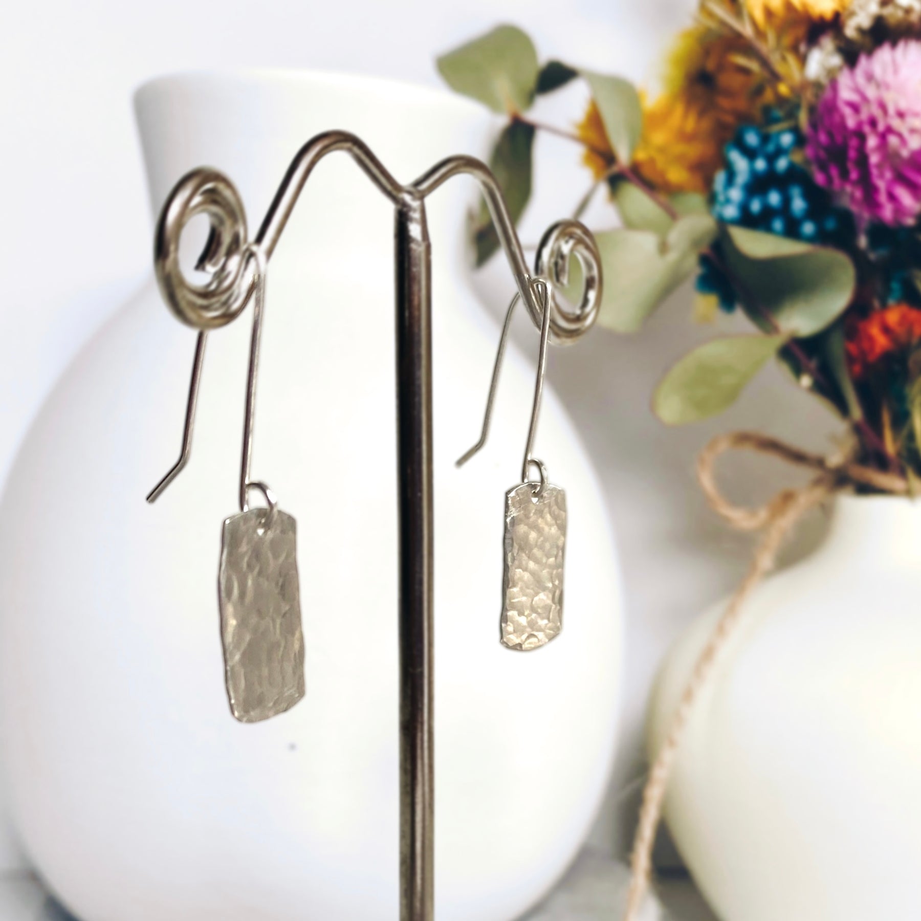 Dimpled rectangle dangle earrings | Sterling silver | Rain-drops | Matching necklace available