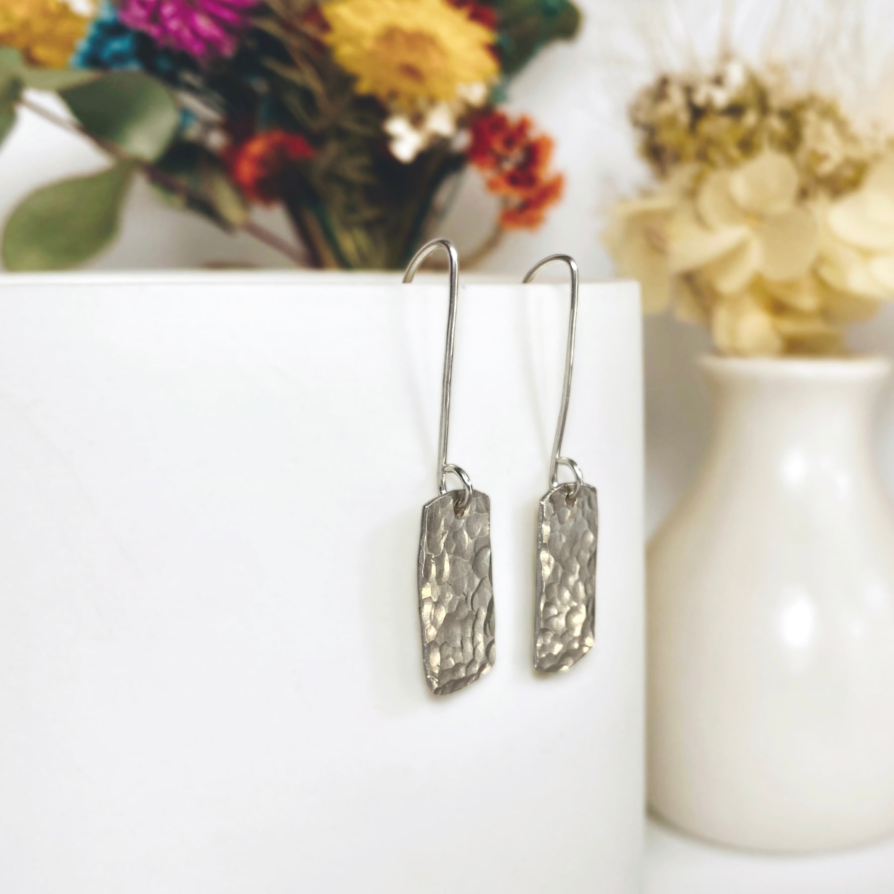 Dimpled rectangle dangle earrings | Sterling silver | Rain-drops | Matching necklace available
