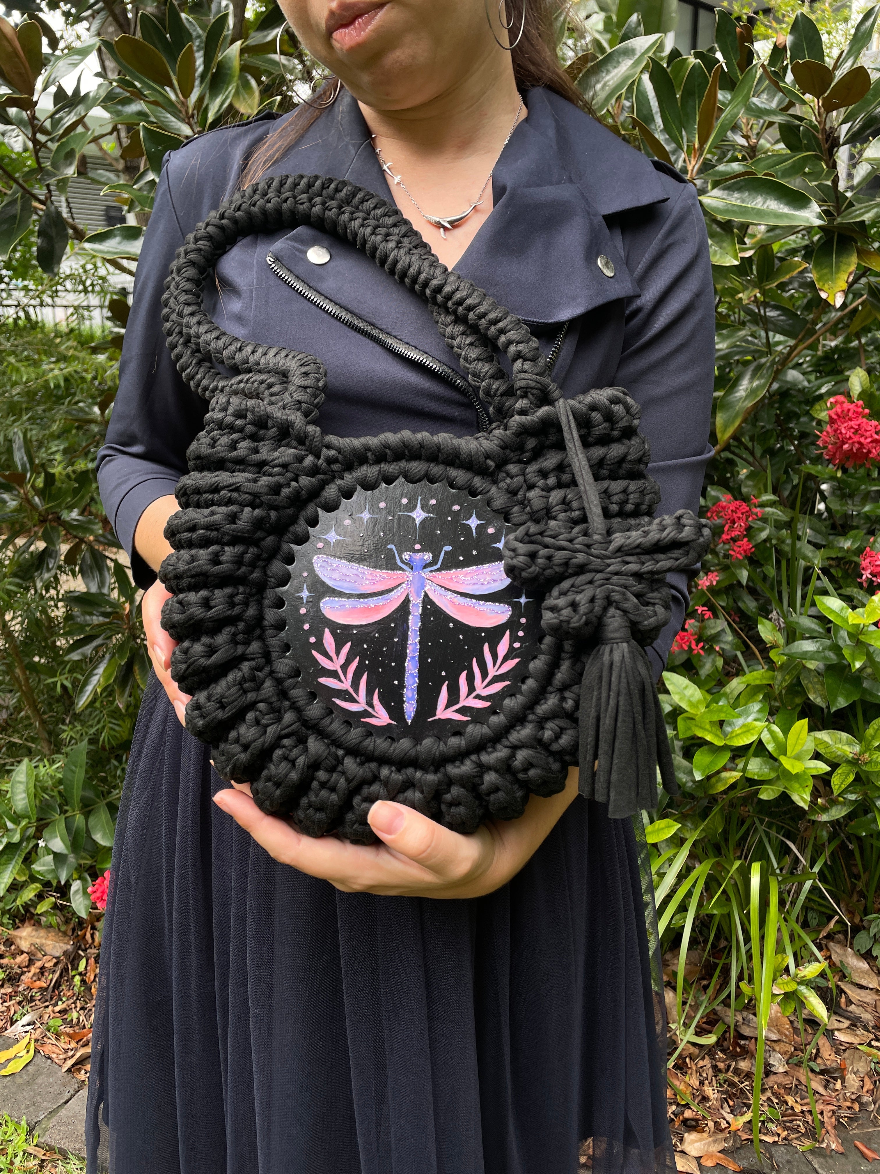 Hand painted artwork & Crochet Bag