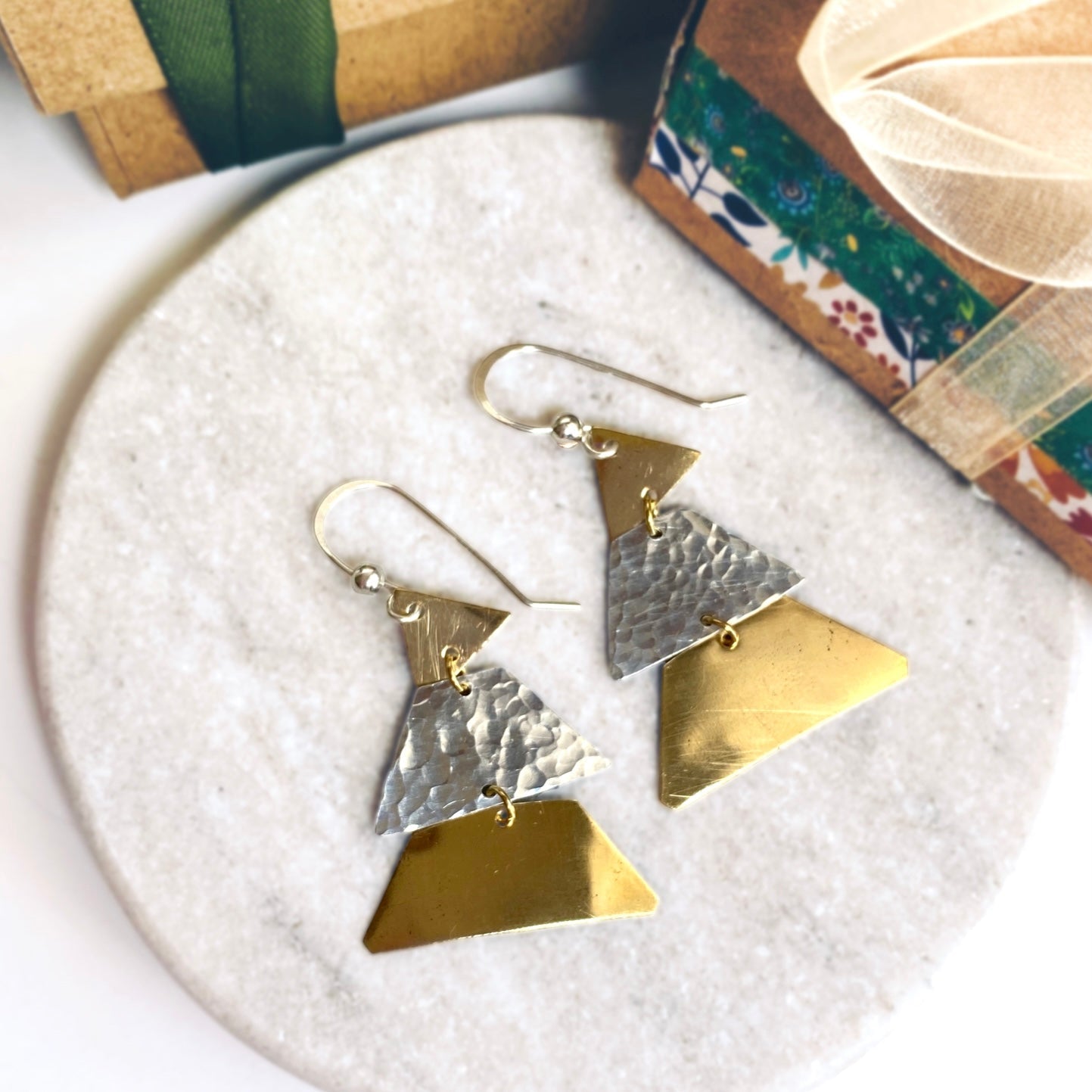Gold and silver Christmas tree dangle earrings | Sterling silver ear hooks | Festive jewellery