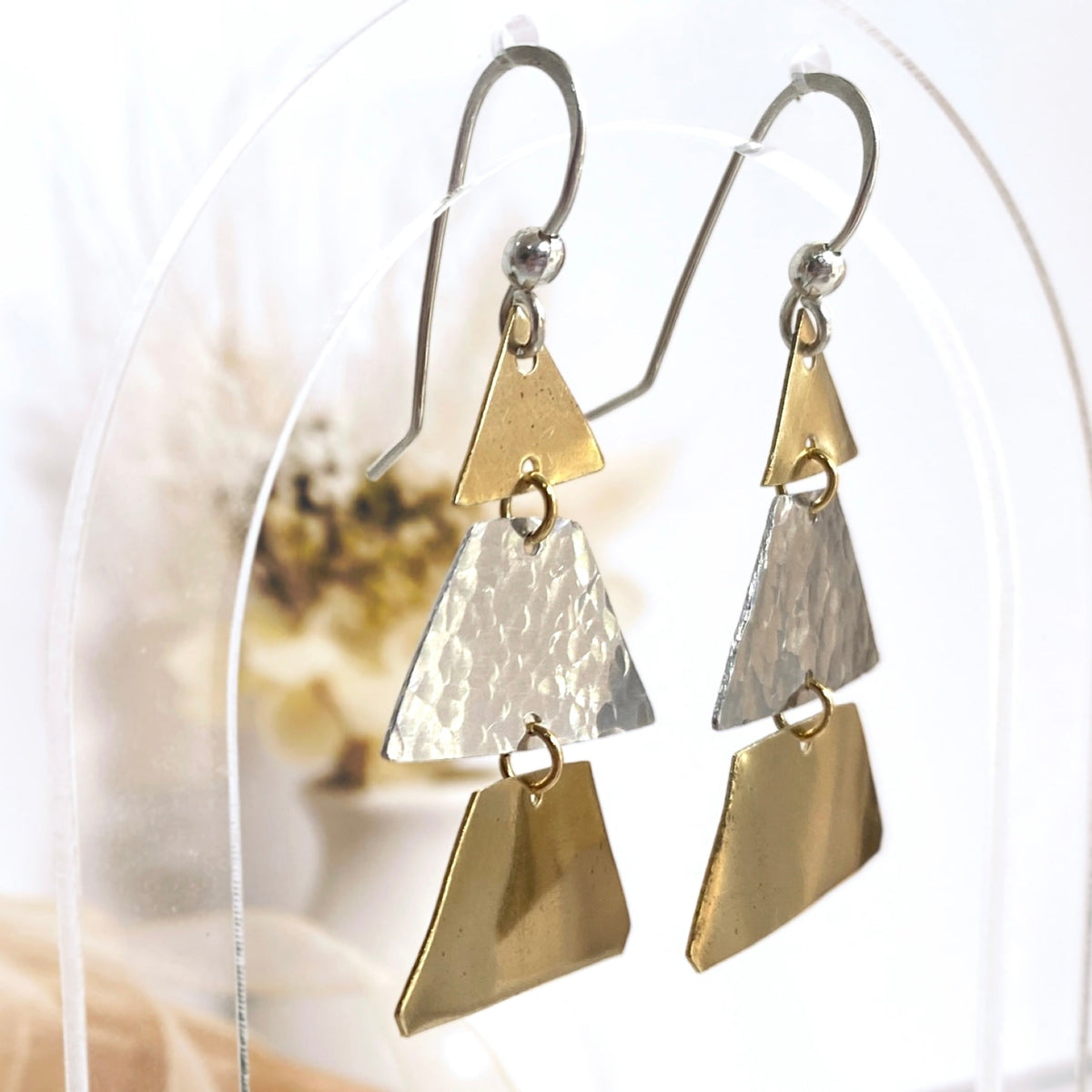 Gold and silver Christmas tree dangle earrings | Sterling silver ear hooks | Festive jewellery